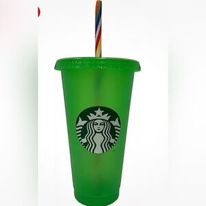 STARBUCKS Green Reusable Cold Cup with Lid & Rainbow Straw Logo 24oz NEW